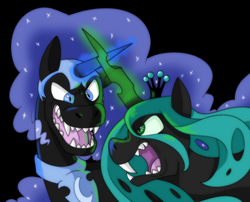 Size: 1589x1287 | Tagged: safe, artist:itsaaudraw, nightmare moon, queen chrysalis, alicorn, changeling, changeling queen, pony, g4, fangs, female, fight, glowing horn, horn, palindrome get, sharp teeth
