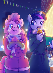 Size: 900x1230 | Tagged: safe, artist:kelsea-chan, pinkie pie, twilight sparkle, earth pony, unicorn, anthro, blushing, book, clothes, coat, cupcake, cute, duo, female, heart eyes, lip bite, open mouth, snacks, snow, snowfall, wingding eyes