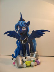Size: 1024x1365 | Tagged: safe, artist:andypriceart, artist:earthenpony, princess luna, g4, coffee, craft, female, happy, luna found the coffee, majestic, open mouth, sculpture, smiling, solo, spread wings, wide eyes
