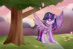 Size: 2000x1340 | Tagged: safe, artist:bumblebeemlp, twilight sparkle, alicorn, butterfly, pony, g4, female, mare, solo, spread wings, tree, twilight sparkle (alicorn)