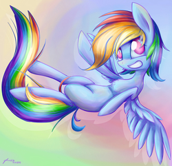 Size: 3753x3625 | Tagged: safe, artist:artoftheghostie, rainbow dash, g4, female, flying, grin, high res, solo