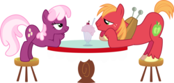 Size: 8384x4000 | Tagged: safe, artist:jeatz-axl, big macintosh, cheerilee, earth pony, pony, g4, hearts and hooves day (episode), absurd resolution, eye contact, hearts and hooves day, male, milkshake, ship:cheerimac, shipping, simple background, stallion, straight, table, transparent background, vector