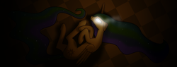 Size: 2840x1080 | Tagged: safe, artist:arvaus, princess celestia, letters to the moon, g4, dark, female, fetal position, from above, glowing eyes, harsher in hindsight, solo, story included