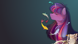 Size: 1920x1080 | Tagged: safe, artist:antiander, artist:shawnyall, edit, twilight sparkle, fish, pony, g4, eyes closed, female, solo, wallpaper