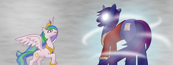 Size: 2840x1080 | Tagged: safe, artist:arvaus, princess celestia, oc, letters to the moon, g4, butt, frown, glowing eyes, open mouth, plot, possessed, prophecy, raised hoof, story included, wide eyes