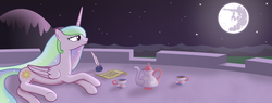 Size: 2840x1080 | Tagged: safe, artist:arvaus, princess celestia, letters to the moon, g4, female, inkwell, letter, mare in the moon, moon, solo, story included, teapot