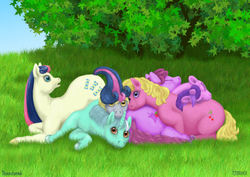 Size: 1039x736 | Tagged: safe, artist:soobel, amethyst star, berry punch, berryshine, bon bon, cherry berry, derpy hooves, lyra heartstrings, sparkler, sweetie drops, earth pony, pegasus, pony, unicorn, g4, background pony, cuddle puddle, cuddling, female, looking at you, mare, pony pile