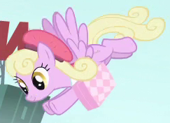 Size: 243x176 | Tagged: safe, screencap, luckette, pegasus, pony, g4, rarity takes manehattan, female, flying, hat, solo, suitcase