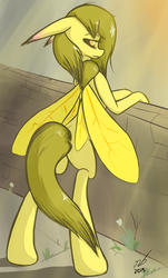 Size: 994x1650 | Tagged: safe, artist:newbluud, oc, oc only, oc:golden corral, mothpony, original species, rearing, three quarter view