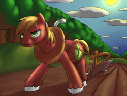 Size: 4000x3000 | Tagged: safe, artist:shdingo, big macintosh, earth pony, pony, the mayors journey(vore series), g4, farming, frown, glare, male, plow, pulling, solo, stallion, walking