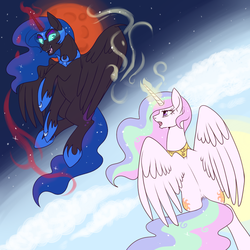 Size: 850x850 | Tagged: safe, artist:lulubell, nightmare moon, princess celestia, g4, blood moon, crying, duality, magic