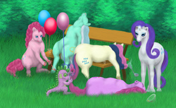 Size: 1139x695 | Tagged: safe, artist:soobel, bon bon, lyra heartstrings, pinkie pie, rarity, spike, sweetie drops, horse, pony, g4, braiding, prank, sitting, sleeping, uncanny valley