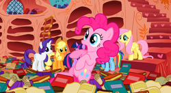 Size: 1099x597 | Tagged: safe, screencap, applejack, fluttershy, pinkie pie, rainbow dash, rarity, twilight sparkle, earth pony, pegasus, pony, unicorn, g4, sonic rainboom (episode), female, golden oaks library, mane six, mare, unicorn twilight