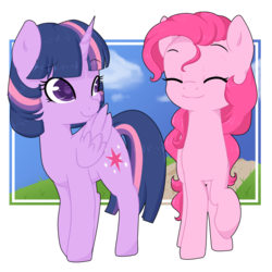 Size: 1280x1280 | Tagged: safe, artist:rue-willings, pinkie pie, twilight sparkle, alicorn, pony, g4, cute, female, lesbian, mare, ship:twinkie, shipping, twilight sparkle (alicorn)