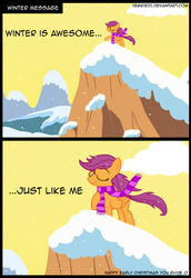 Size: 1812x2630 | Tagged: dead source, safe, artist:veggie55, scootaloo, pegasus, pony, g4, clothes, comic, female, older, scarf, smug, snow, snowfall, solo, winter