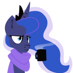 Size: 1280x1280 | Tagged: safe, artist:zvn, princess luna, alicorn, pony, g4, clothes, coffee, female, mare, scarf, simple background, solo, transparent background, unamused
