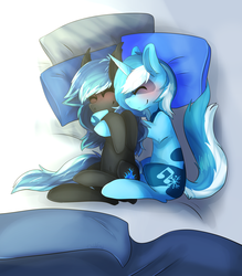 Size: 2338x2667 | Tagged: safe, artist:oddends, oc, oc only, oc:midnight light, oc:snow sailor, bed, blanket, blushing, cuddling, eyes closed, female, high res, hug, lying down, lying on bed, male, oc x oc, on bed, pillow, shipping, snolight, snuggling, straight