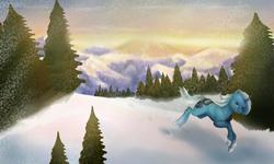 Size: 3200x1920 | Tagged: artist needed, safe, artist:siimplymeep, oc, oc only, oc:snow sailor, pony, unicorn, dawn, horn, looking back, male, markings, pine tree, running, snow, snowfall, solo, tree, unicorn oc
