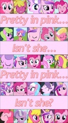Size: 750x1350 | Tagged: safe, screencap, aloe, cherry berry, daisy, diamond tiara, flower wishes, lily, lily valley, pinkie pie, piña colada, princess cadance, royal ribbon, suri polomare, g4, bow, caption, cute, eyes closed, female, grin, happy, lidded eyes, open mouth, piña cutelada, pretty, pretty in pink, psychedelic furs, smiling, song, song reference