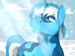 Size: 1024x768 | Tagged: source needed, safe, artist:applepop, oc, oc only, oc:snow sailor, pony, unicorn, cloud, crepuscular rays, day, horn, looking up, male, snow, snowfall, solo, sunlight, unicorn oc