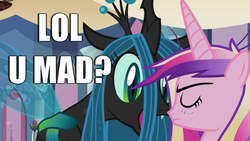 Size: 1366x768 | Tagged: safe, edit, princess cadance, queen chrysalis, g4, caption, image macro, lol, meme, u mad