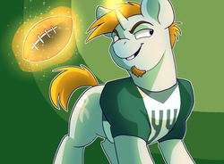 Size: 1280x944 | Tagged: safe, artist:pixel-prism, snips, pony, unicorn, twilight sparkle's secret shipfic folder, g4, american football, green background, magic, male, older, older snips, puberty done right, simple background, solo, stallion, telekinesis