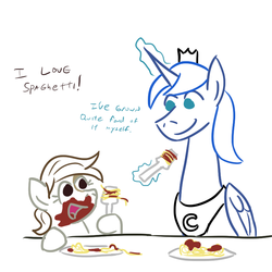 Size: 800x800 | Tagged: safe, artist:jargon scott, pipsqueak, princess luna, alicorn, earth pony, pony, g4, female, male, pipi, pipsqueak eating spaghetti, prince artemis, rule 63, ship:lunapip, shipping, straight