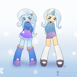 Size: 2000x2000 | Tagged: safe, artist:howxu, trixie, equestria girls, g4, clothes, high res, horn, horned humanization, humanized, mary janes, school uniform, self paradox, snow, snowflake