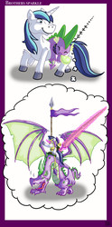 Size: 3508x7087 | Tagged: safe, artist:dinodraketakethecake, shining armor, spike, dragon, pony, g4, badass, cute, dragons riding ponies, epic, glowing horn, hilarious in hindsight, horn, lance, necklace, ponies riding dragons, riding, saddle, shining armor riding spike, spikabetes, spike riding shining armor, thought bubble, winged spike, wings