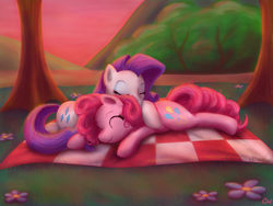 Size: 6000x4500 | Tagged: safe, artist:carolynmaples, pinkie pie, rarity, g4, absurd resolution, cute, diapinkes, female, lesbian, missing horn, ship:raripie, shipping, sleeping