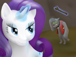 Size: 1600x1200 | Tagged: safe, artist:carolynmaples, rarity, rover, diamond dog, g4, magic, telekinesis