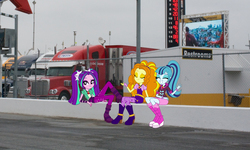 Size: 1276x764 | Tagged: safe, adagio dazzle, aria blaze, sonata dusk, equestria girls, g4, cute, daytona usa, equestria girls in real life, eyes closed, freightliner, hauler, looking at you, nascar, photo, race track, racing, sign, sitting, sultry pose, the dazzlings, truck