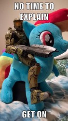 Size: 394x700 | Tagged: safe, rainbow dash, g4, halo (series), irl, master chief, meme, no time to explain, photo, plushie, toy, welcome to the internet