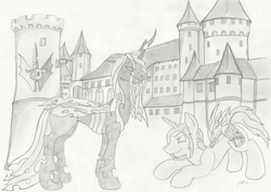 Size: 6784x4800 | Tagged: safe, artist:scotchmacmanus, queen chrysalis, oc, oc:poisoned soul, g4, absurd resolution, castle, changelingified, chrysalislover, monochrome, traditional art