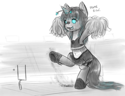 Size: 1038x801 | Tagged: dead source, safe, artist:alloyrabbit, oc, oc only, oc:orchid, hybrid, kaiju, kaiju pony, monster pony, pony, american football, antennae, baseball, basketball, belly button, bipedal, blue eyes, cheering, cheerleader, cheerleader outfit, clothes, completely confused, confused, dialogue, epic fail, fail, funny, giant pony, goal, goal post, grayscale, home run, hoofprint, horn, kick, kicking, macro, midriff, monochrome, neo noir, open mouth, partial color, pom pom, score, sharp teeth, solo, sports, stadium, standing, standing on one leg