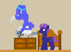 Size: 1224x899 | Tagged: safe, artist:minty candy, oc, oc only, oc:cross stitch, oc:static charge, earth pony, pony, unicorn, fallout equestria, fallout equestria: empty quiver, bed, gauss rifle, indoors, tied up, trap (device), trapped, upside down