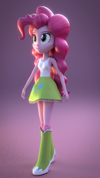 Size: 864x1536 | Tagged: safe, artist:creatorofpony, fluttershy, pinkie pie, series:humane six in fluttershy's clothes, equestria girls, g4, 3d, 3d model, blender, boots, clothes, clothes swap, female, fluttershy's boots, fluttershy's clothes, fluttershy's skirt, fluttershy's socks, polka dot socks, skirt, socks, solo, tank top
