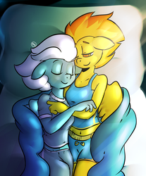 Size: 1914x2316 | Tagged: safe, artist:dynamicfuncorner, fleetfoot, spitfire, anthro, g4, bed, belly button, clothes, cuddling, duo, female, fleetfire, lesbian, midriff, shipping, shorts, snuggling, tank top