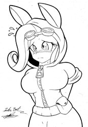 Size: 1024x1481 | Tagged: safe, artist:noisyvox, fluttershy, human, g4, adorasexy, blushing, breasts, bunny ears, busty fluttershy, clothes, costume, cute, dangerous mission outfit, female, goggles, hoodie, humanized, monochrome, sexy, simple background, solo, white background