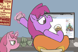 Size: 800x535 | Tagged: safe, artist:acidandgrit, berry punch, berryshine, ruby pinch, g4, /r/mylittlepony, alcohol, computer, drunk, glass, jaded pinch, magic, mother and daughter, reddit