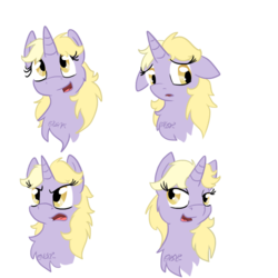 Size: 1024x1024 | Tagged: safe, artist:usagi-zakura, dinky hooves, pony, unicorn, g4, angry, bust, chest fluff, expressions, female, filly, floppy ears, open mouth, portrait, sad, signature, simple background, solo, transparent background
