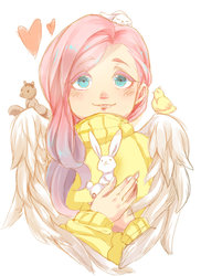 Size: 1024x1409 | Tagged: safe, artist:oooooooooosheep, angel bunny, fluttershy, human, g4, clothes, female, humanized, solo, sweatershy, winged humanization