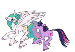 Size: 1100x768 | Tagged: safe, artist:honiibree, princess celestia, twilight sparkle, classical unicorn, g4, horn, leonine tail, running, simple background, spread wings, transparent background, unshorn fetlocks