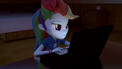 Size: 1920x1080 | Tagged: safe, artist:creatorofpony, rainbow dash, equestria girls, g4, 3d, 3d model, blender, bored, clock, clothes, computer, female, laptop computer, solo