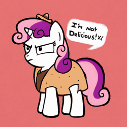 Size: 900x900 | Tagged: safe, artist:sheandog, sweetie belle, pony, g4, blatant lies, clothes, costume, cute, denial, diasweetes, female, i'm not cute, ponies in food, solo, taco, taco belle, taco suit