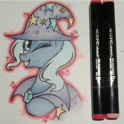 Size: 400x400 | Tagged: safe, artist:pizza0u0, trixie, pony, unicorn, g4, female, mare, markers, solo, traditional art, wink