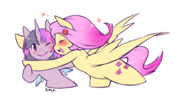 Size: 1000x600 | Tagged: safe, artist:cold-blooded-twilight, fluttershy, twilight sparkle, alicorn, pony, cold blooded twilight, g4, blushing, cute, explicit source, female, glomp, heart, hug, lesbian, mare, ship:twishy, shipping, shyabetes, twiabetes, twilight sparkle (alicorn)