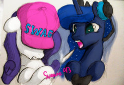 Size: 1024x706 | Tagged: safe, artist:sverre93, princess luna, rarity, gamer luna, g4, baseball cap, blunt, controller, floppy ears, hat, headphones, swag