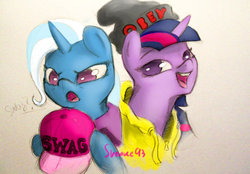 Size: 1024x713 | Tagged: safe, artist:sverre93, trixie, twilight sparkle, pony, unicorn, g4, baseball cap, cap, clothes, female, hat, hoodie, mare, swag