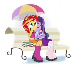 Size: 1050x950 | Tagged: safe, alternate version, artist:dm29, sunset shimmer, twilight sparkle, equestria girls, g4, backpack, bench, book, boots, duo, female, friendshipping, julian yeo is trying to murder us, lesbian, rain, rain boots, ship:sunsetsparkle, shipping, simple background, transparent background, umbrella, younger